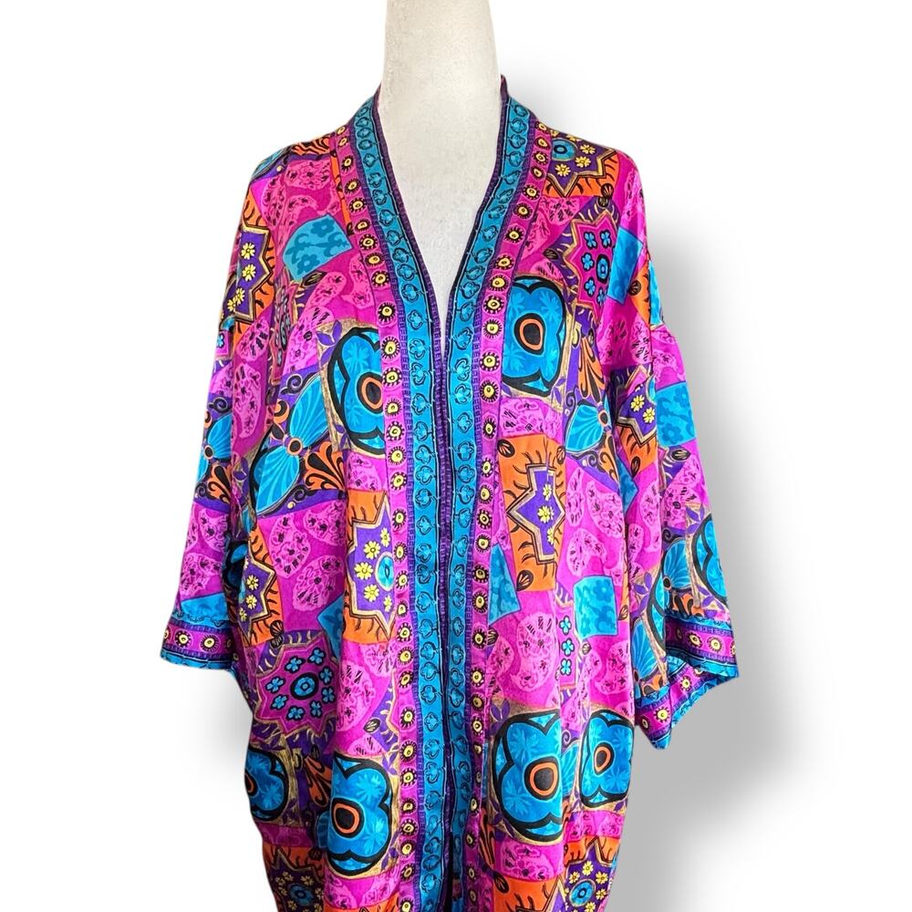 Vintage Boho Robe Bright Pinkโ Turquoise Orange Kimono Abstract Artsy Lounge